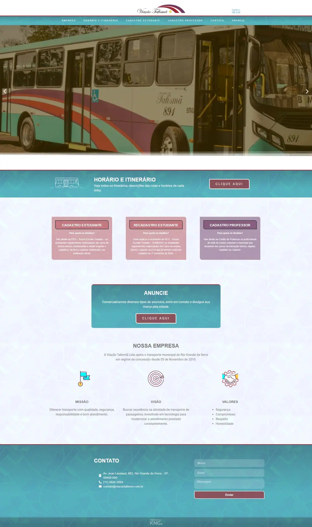 Página do site Viação Talismã